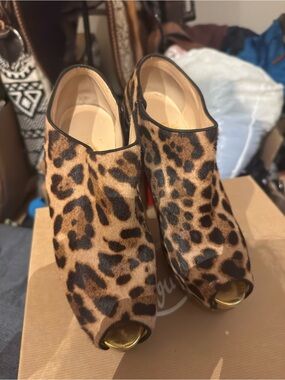 Christian Louboutin Leopard Print Peep-Toe Booties - Brown & Black